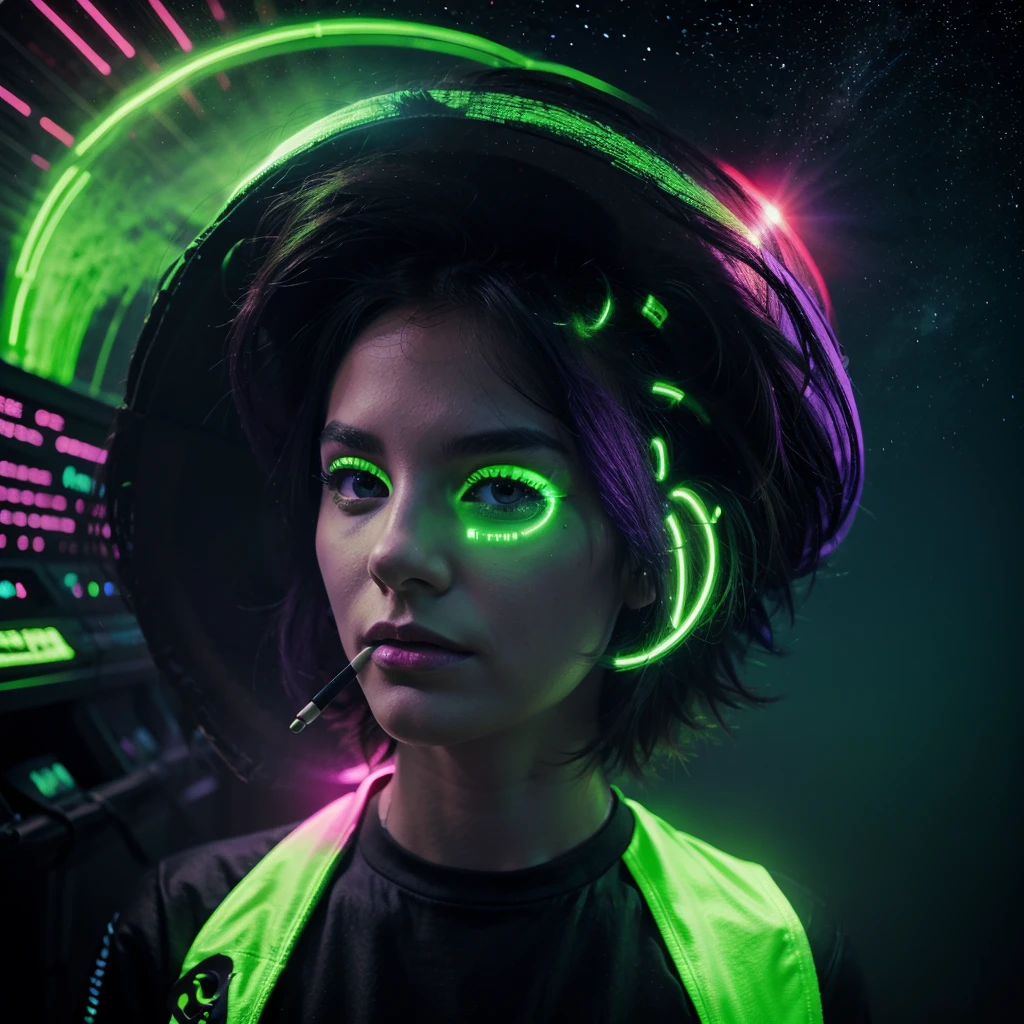 Round art, extraterrestrial smoking, neon green and violet colors, ship and comets.