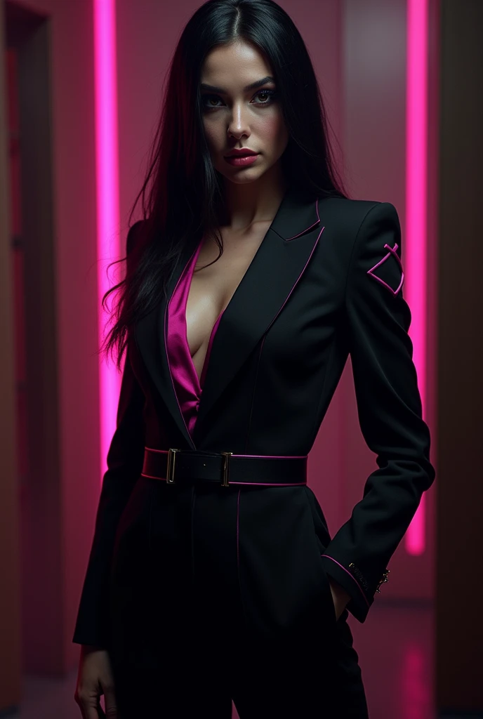 make a villain with black hair, straight, gorgeous, wearing a tight black suit with pink accents, exactly the #FA86C4