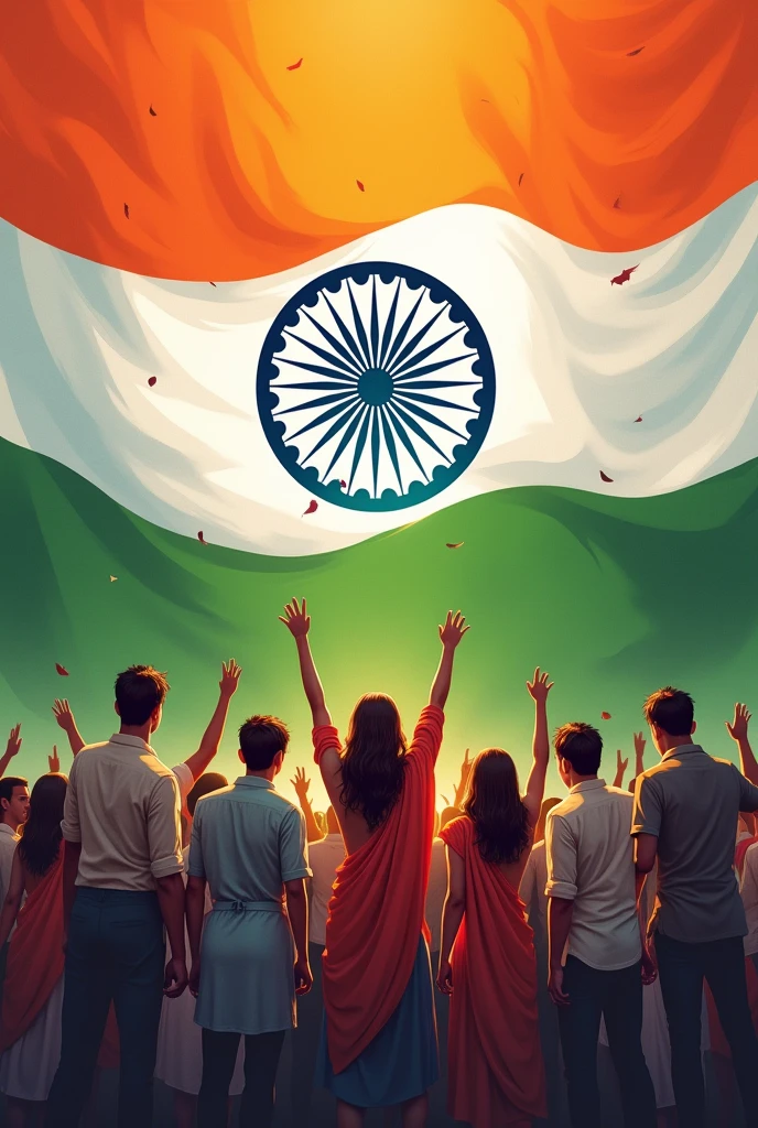 People standing together with Indian flag background
With more patrotic