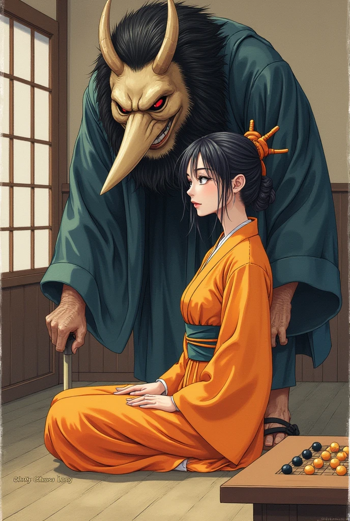 young samurai girl beautiful face Japanese facial features, slanted eyes loose long hair, athletic body orange and yellow kimono subservient position bent over with knees and hands on the ground facing an old man with a brown kimono with a tengú mask with a long pointed Japanese nose, traditional Japanese room with a counter and a traditional game board of round shogi pieces near them, Japanese watercolor art, angle of the image behind the girl, near the butt