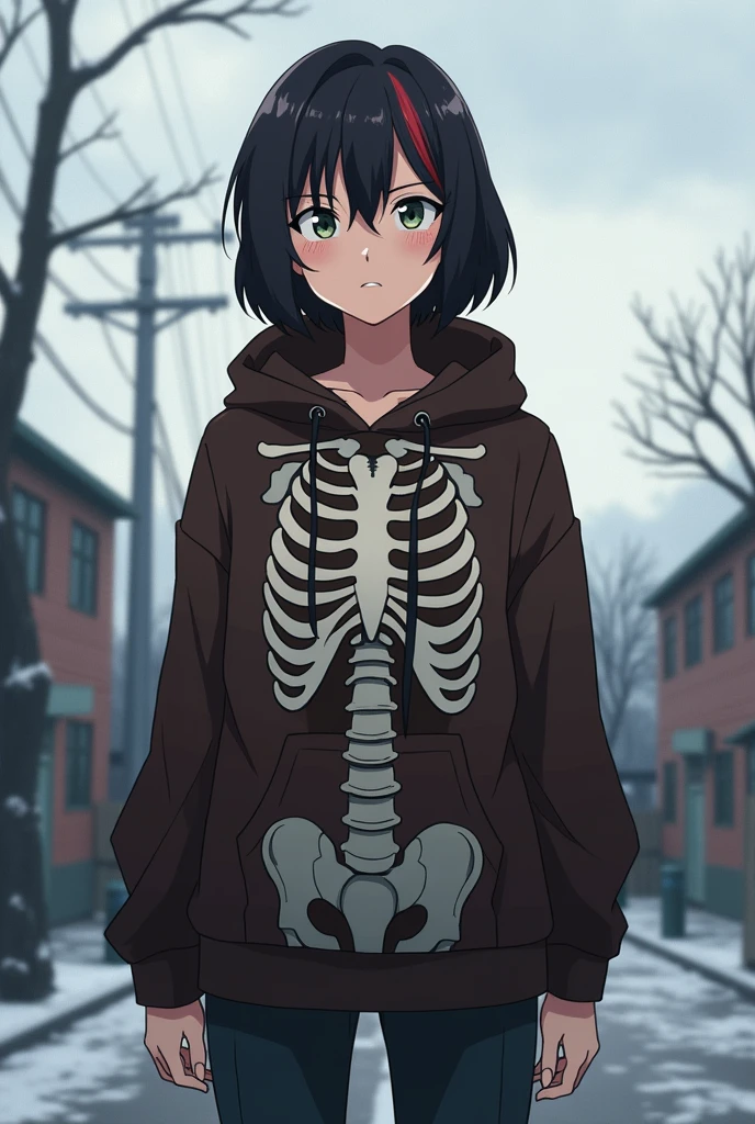 
 tall girl, anime style, with light skin, dark brown shoulder-length hair with dark red streaks and small almost-brown green eyes. She's wearing a very dark brown hooded sweatshirt with a skeleton torso design. The setting is the schoolyard, but with a colder atmosphere (perhaps early winter), In muted colors, bare trees and a cloudy sky. The girl appears older and larger, exuding an alpha presence with a confident posture, she's big and a little stout or broad, She's not a skinny girl. The overall style remains consistent with the anime 'My Hero Academia'.