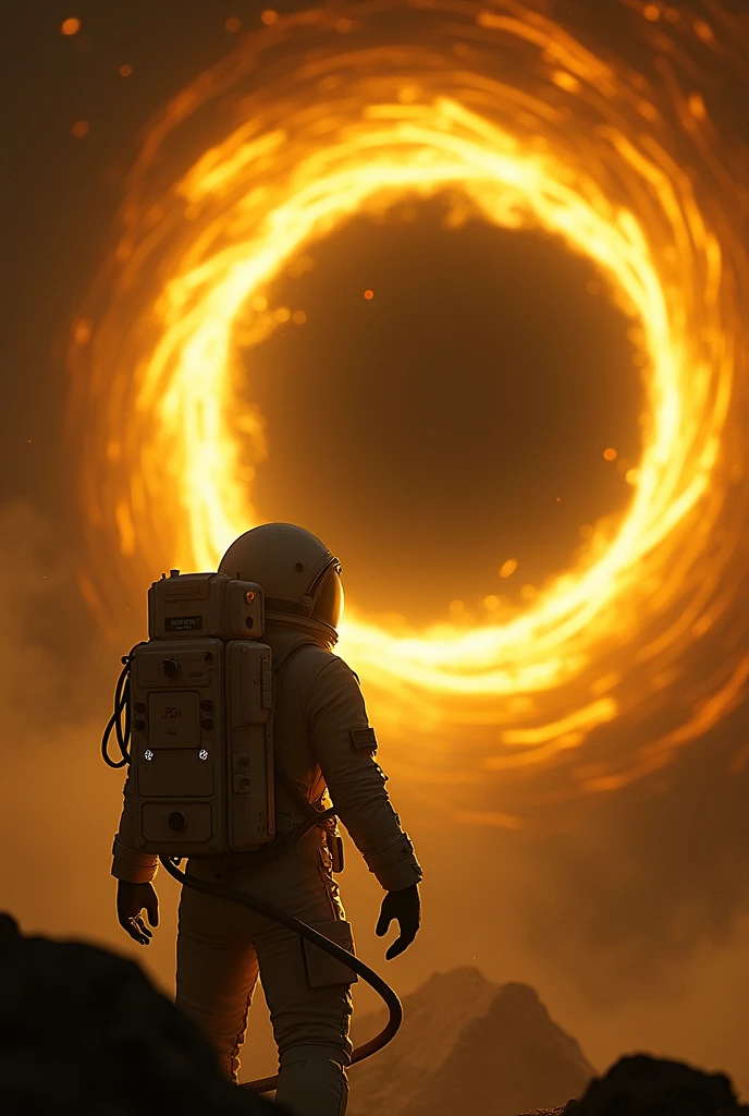 Astronaut being scared by black hole yellow like interstellar