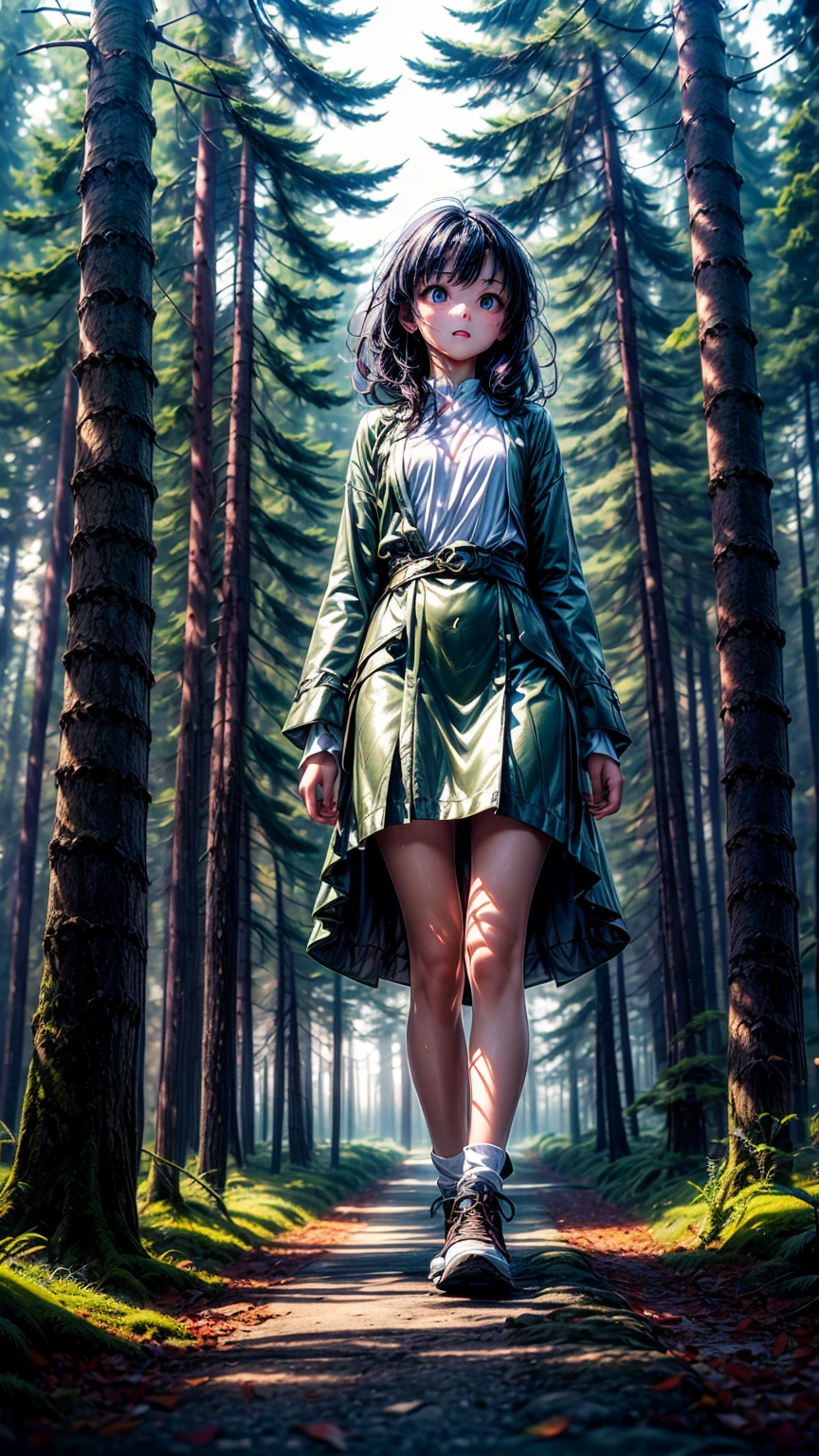 A mysterious fog hangs in the air, enveloping the forest、A young girl, lost and anxious, wanders the path.