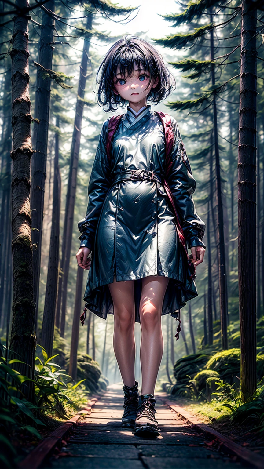 A mysterious fog hangs in the air, enveloping the forest、A young girl, lost and anxious, wanders the path.