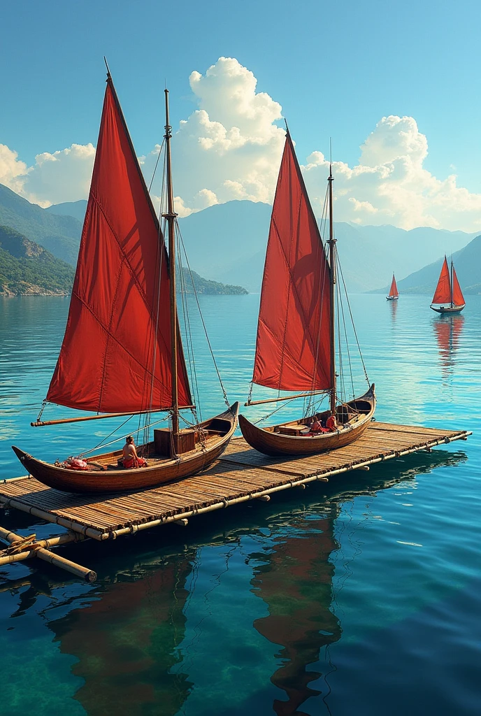 Photo Ultra réaliste de voiliers traditionnel Maya qui sont accosté les un a côté des autres a une plateforme moderne en bambou flottante sur le lac atitlan au loin d autres voiler font la course