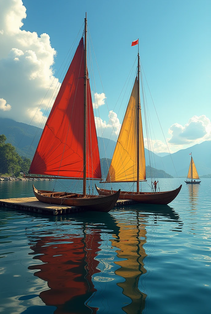 Photo Ultra réaliste de voiliers traditionnel Maya qui sont accosté les un a côté des autres a une plateforme moderne en bambou flottante sur le lac atitlan au loin d autres voiler font la course 