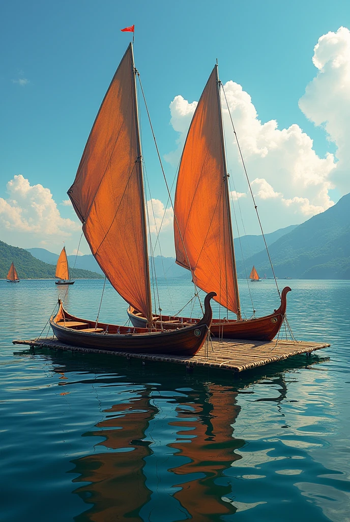 Photo Ultra réaliste de voiliers traditionnel Maya qui sont accosté les un a côté des autres a une plateforme moderne en bambou flottante sur le lac atitlan au loin d autres voiler font la course
