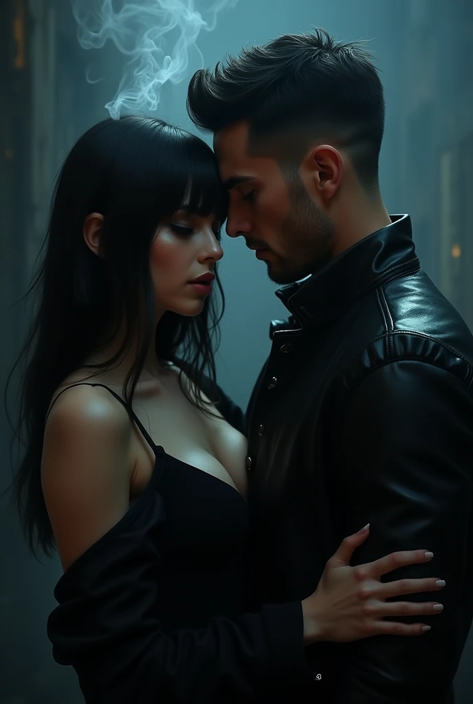 Cover for a dark romance fanfiction with characters smoking, the woman with bangs and straight hair, the man with a leather jacket, clean-shaven with a modern haircut and no beard.