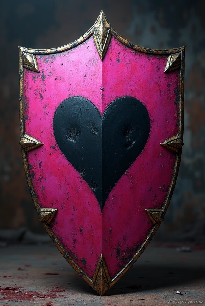Pink shield with a black heart in the center