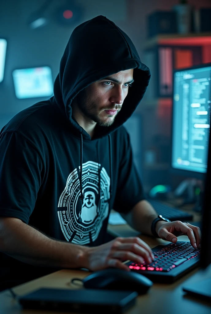Hacker with logo on his t shirt -ads on hacking  children of 14 year