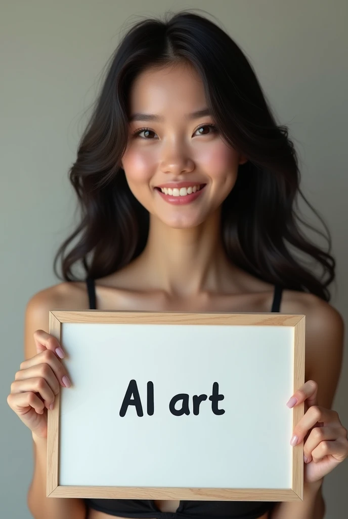 Beautiful Indonesian girl with long black hair, wearing a black bra with a sweet smile expression, holding a whiteboard with writing "AI art".