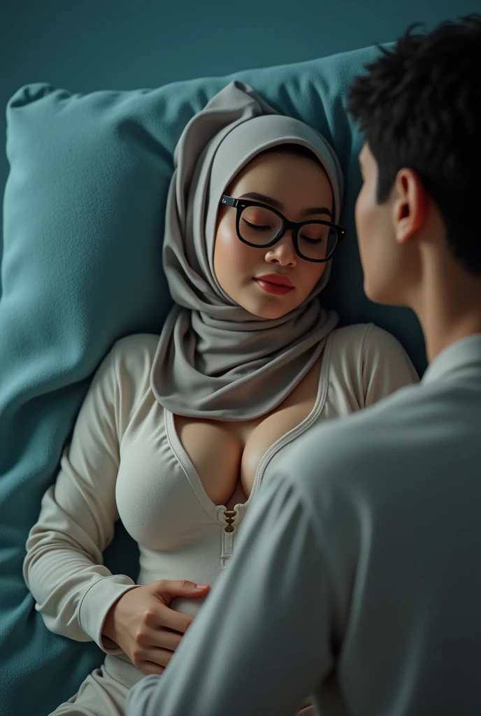 Wide top view, Highly detailed CG Unity wallpaper,full body, matured malay woman in hijab,45 year, glasses, big breast nipple, naked Next to him is a male his hand is tucking in the vagina girls, sleeping in living room portrait photography, lying in living room naked, mid shot photo, ultra detail, professional photograph with professional lighting, smile, light blue carpet, living room, sexy seducing sleep pose, slim,real,32k