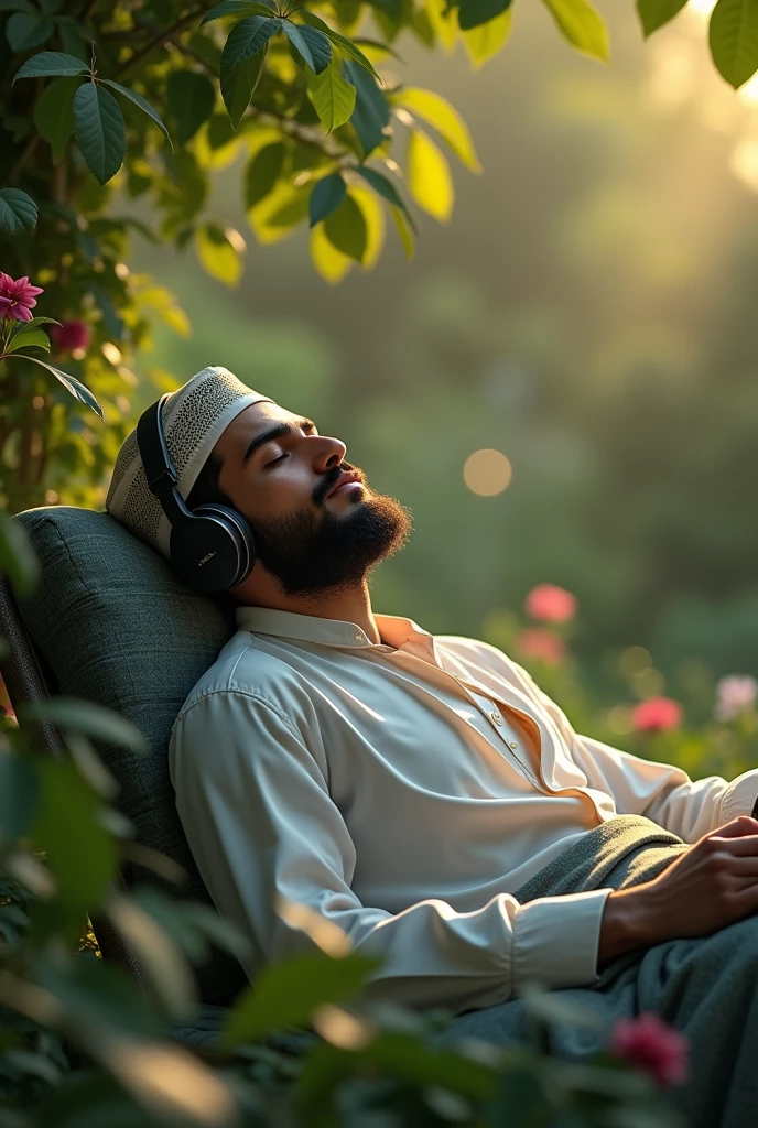 grading in a garden
Create me an image of a White
young muslim man with a beard
and a small mustache, wearing
headphones and muslim cap,
laying on bed in a room on chair
closed eyes relaxing create a
cinamatic look with best