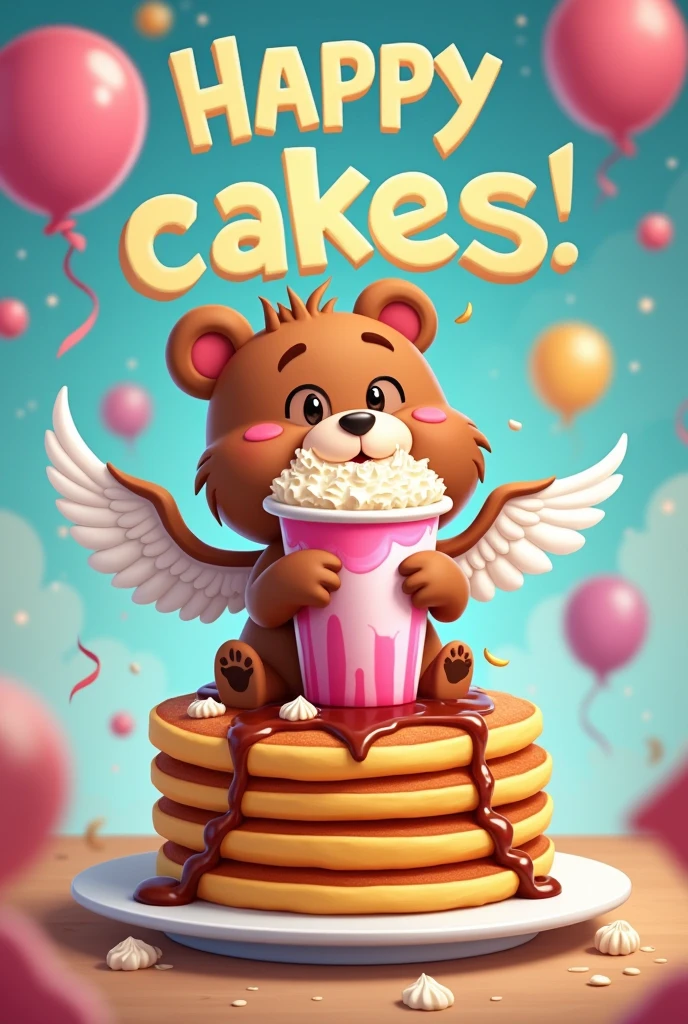 Cartoon bear wearing casual clothes taking a colorful frappe on top of 3 dripping hot cakes with winged letters that say "Happy cakes" may they have wings and in the background colors intertwined with fun typography