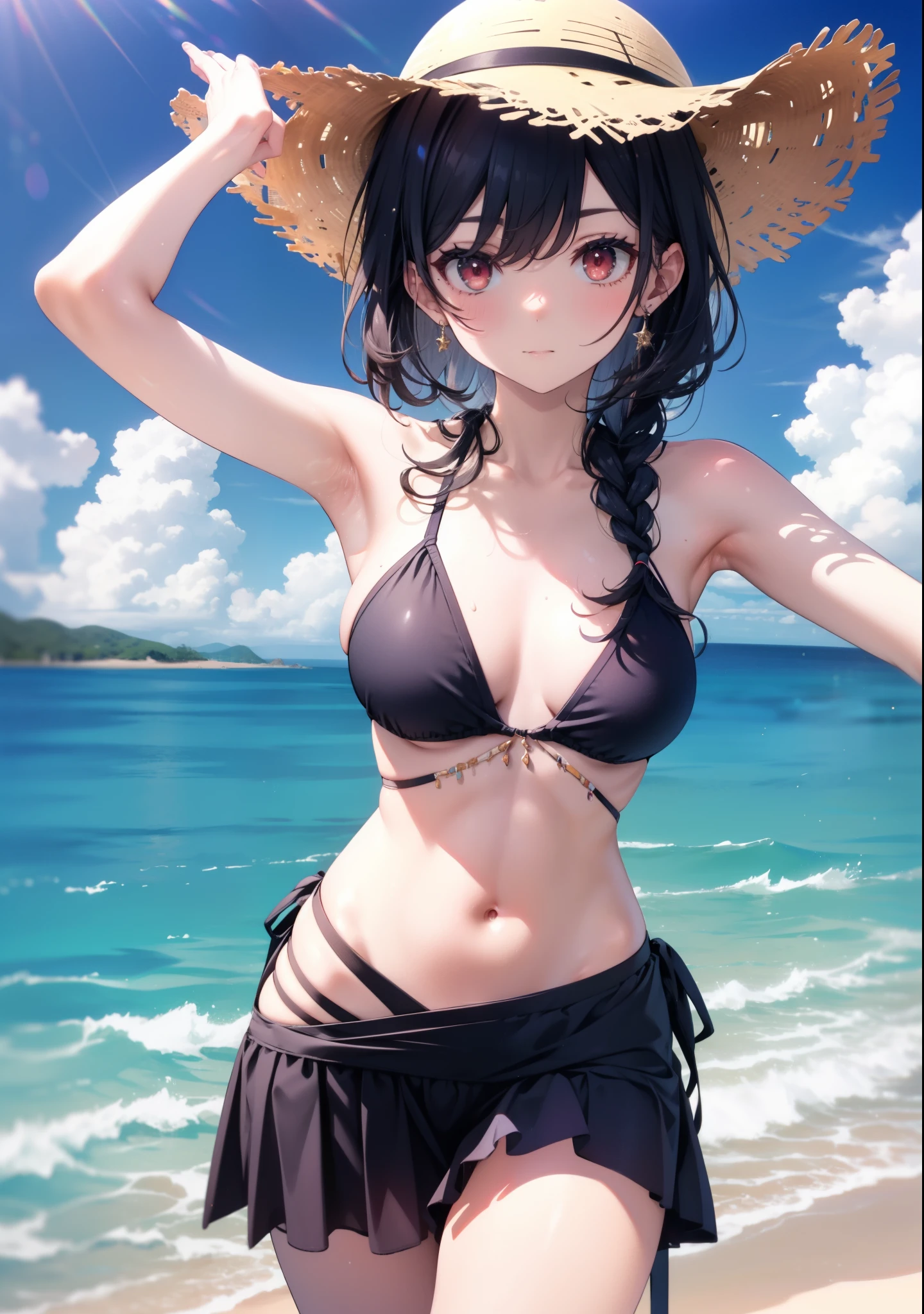 For profit, Next to Kasumigaoka, Black Hair, hair band, Long, thick braids, (Red eyes:1.5), Straw hat,Black string bikini swimsuit,Belly button,abdomen,A thin long skirt is wrapped around her waist,barefoot,Sandy Beachを散歩している,Daytime,True Summer,Clear skies,whole bodyがイラストに入るように,
break looking at viewer,whole body, (Cowboy Shot:1. 5),
break outdoors, Sandy Beach,Beach,
break (masterpiece:1.2), Highest quality, High resolution, unity 8k wallpaper, (figure:0.8), (Beautiful attention to detail:1.6), Highly detailed face, Perfect lighting, Highly detailed CG, (Perfect hands, Perfect Anatomy),