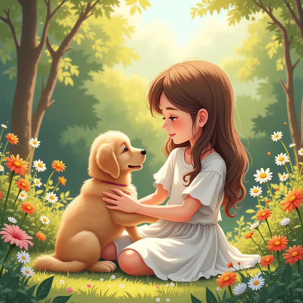 Please draw a pretty girl sitting in a garden.。She is holding a golden retriever puppy、They are looking at each other。The expression on his face looks happy.、The puppy seems safe in her arms.。Bright flowers around the garden々or tall trees々There is、The beauty of nature spreads。Bright sunlight and a gentle breeze embraced the two of us.、There is a calm atmosphere in the air。

