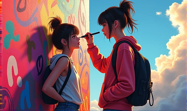 (best qualityer), work of art, extremely detailed 8K CG uniform illustration, high color, extremely high color saturation, all the colors deepened, paint, graffiti art, central composition, extremely detailed light and shadow, parede de graffiti, wall painted bright, 1 girl writing graffiti 1 girl looking at the wall, extremly detailed face and eyes, Medium length hair, Sportswear, colorful clouds