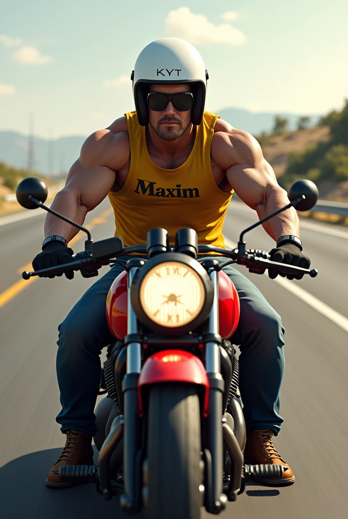 a man, muscular leaning, white helmet with writing "KYT", wearing glasses, riding a red matic motorcycle, yellow vest with writing "Maxim", With sexy passengers, highway background,