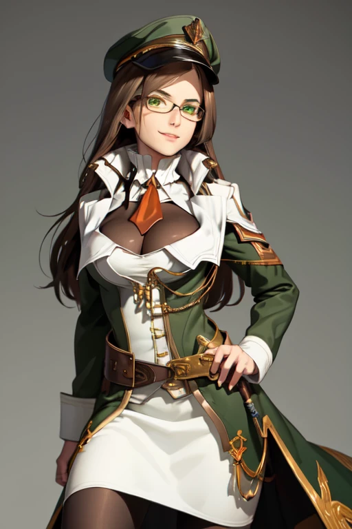 masterpiece, best quality, Jihl Nabaat, glasses, green coat, orange ascot, belt, white skirt, pantyhose,  green peaked cap, large breasts, upper body, looking at viewer, furrowed brow, smile, (simple dark background)