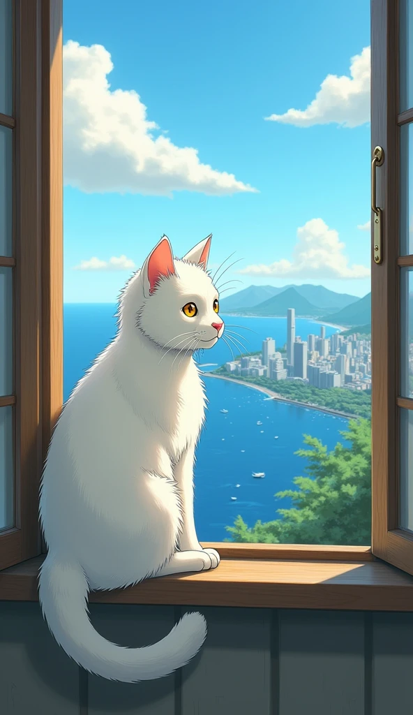 White Cat。nose is pink。Cool impression。Eye color: yellow。Picturesque。Old cat。Ghibli style。Slender body。Long Hair。looking out the window at the sea and the city。The cat is drawn small。