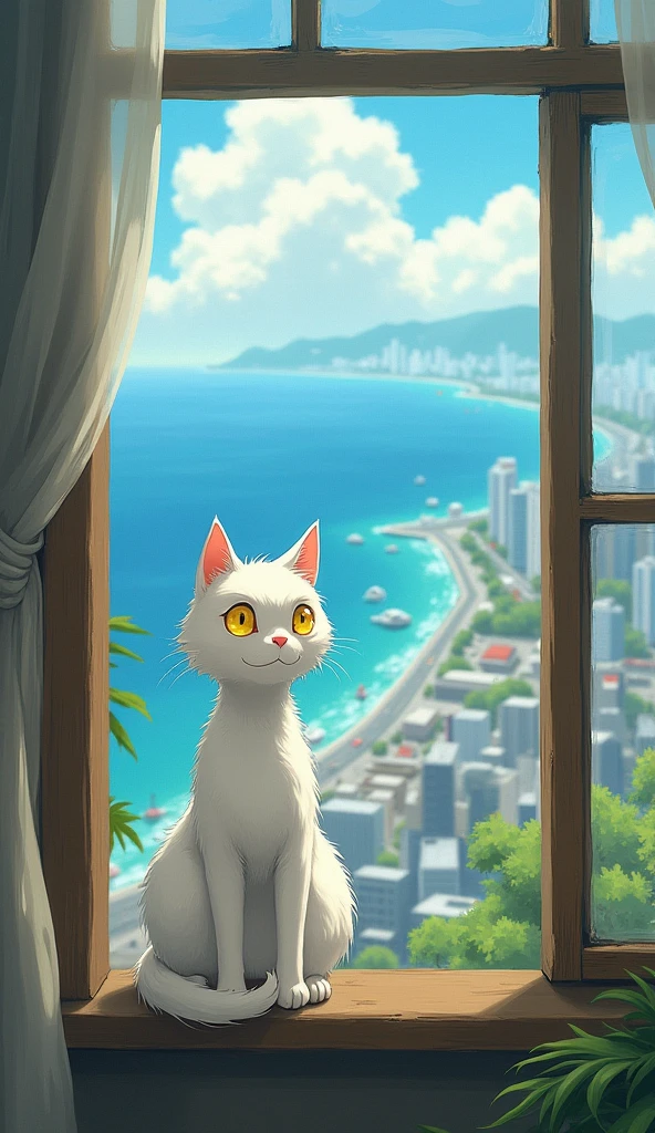 White Cat。nose is pink。Cool impression。Eye color: yellow。Picturesque。Old cat。Ghibli style。Slender body。Long Hair。looking out the window at the sea and the city。The cat is drawn small。