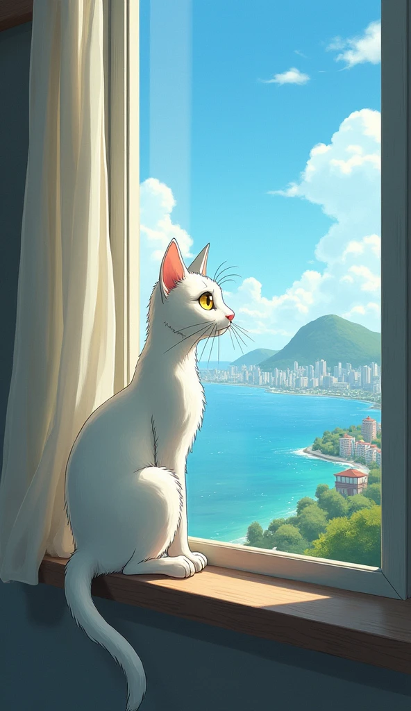 White Cat。nose is pink。Cool impression。Eye color: yellow。Picturesque。Old cat。Ghibli style。Slender body。Long Hair。looking out the window at the sea and the city。The cat is drawn small。