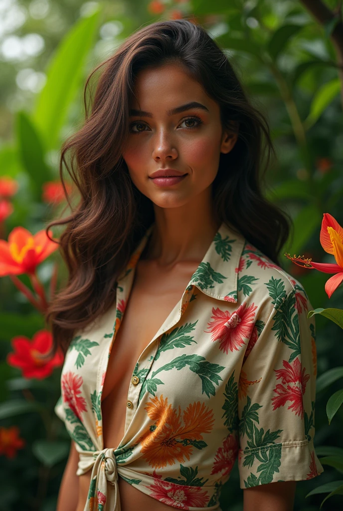 A Brazilian woman in a lush tropical garden, wearing an open shirt with a floral print, with a close-up capturing the harmonious beauty between her breasts and the natural flowers, showing off your natural charm and outgoing personality.