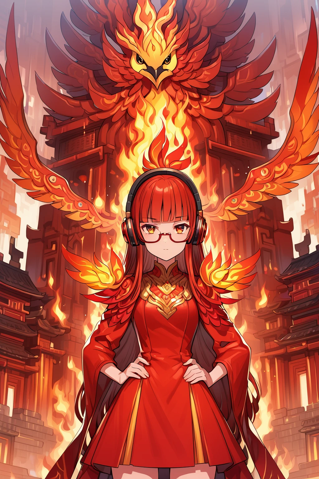 (extremely detailed fine touch:1.3), (((semi-rimless eyewear:1.3))), (wear headphones around), red slong hair, blunt bangs, beautiful girl, solo, cowboy shot, hands on hips, (suzaku fire bird:1.3), red elegant dress, extremely detailed Burning temple