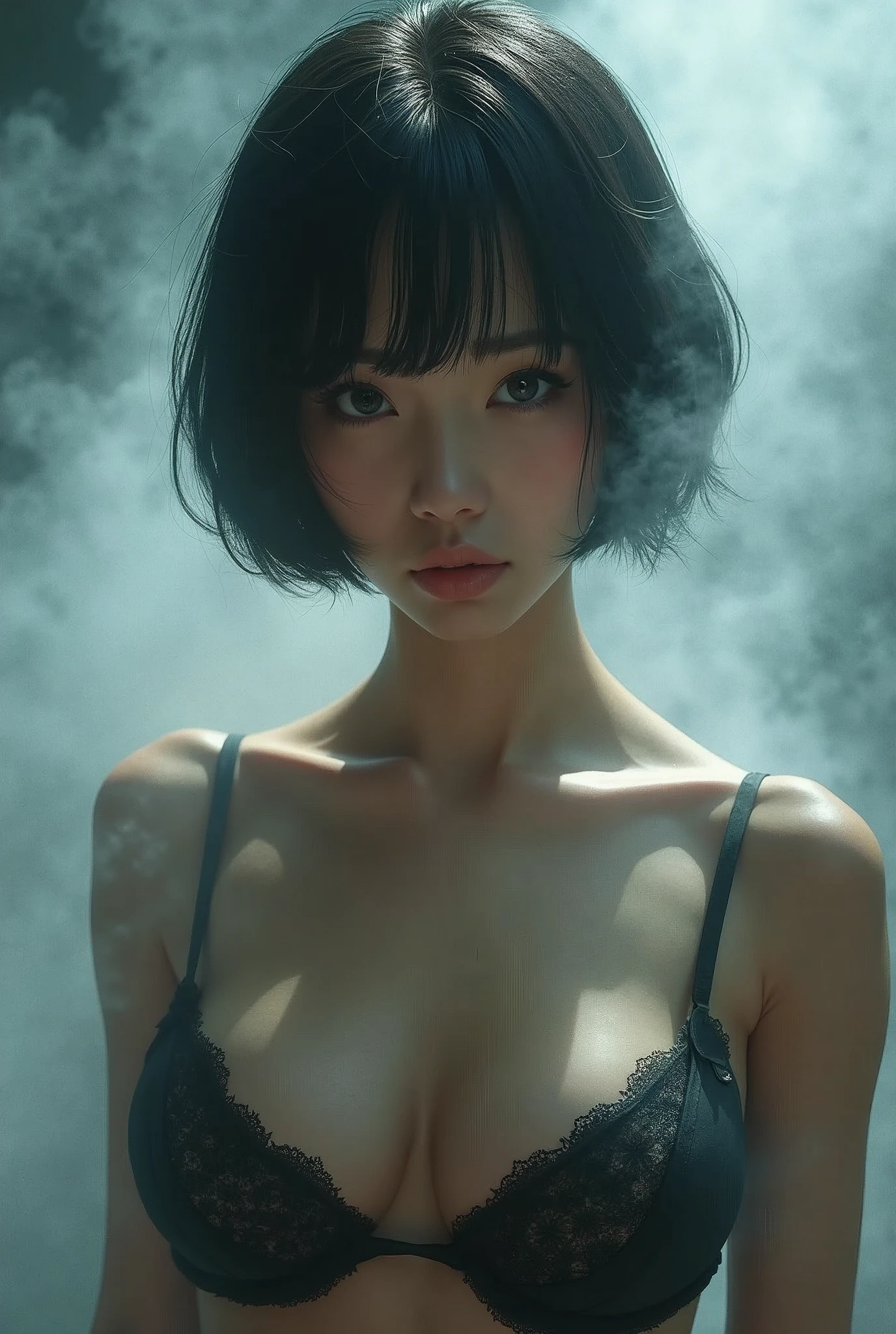 ((Best quality, 8k, Masterpiece :1.3)), 1girl, Pretty woman with emphasizing abs :1.3, (short cut hairstyles, Huge breasts),Ultra-detailed face, Detailed eyes, Double eyelid,((from the thighs up)),japanese,hyper realistic photography, Hyper Sharp Image, Hyper Detail Image,(short cut hair),((Mysterious Fog))