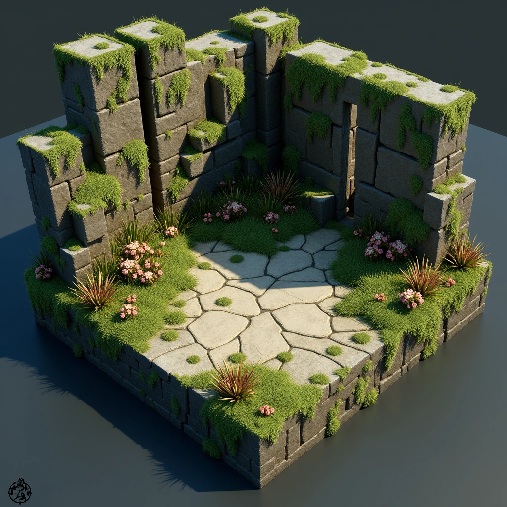 3D Model Games, Tribal style, Square land model with rocks, Ancient forest and mossy decaying wood, Flower and grass growth. Ready to Play.
