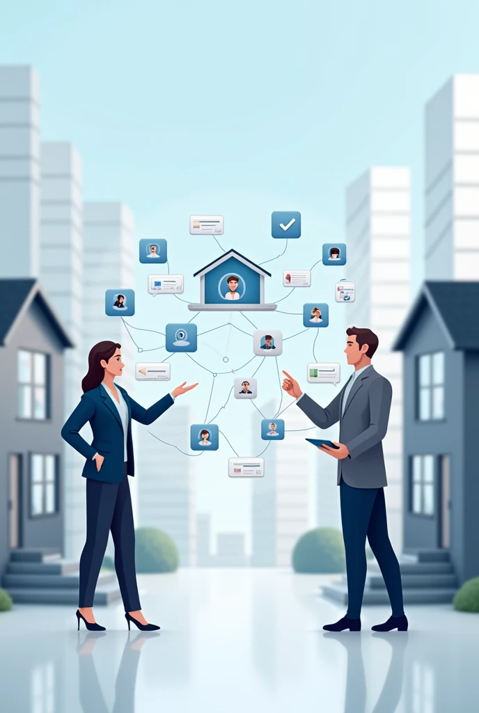"Create an image illustrating the connection between real estate agents and property owners. Show a real estate agent on one side and a property owner on the other, with a digital network or flow of lines linking them together. In the center, depict icons representing qualified leads, such as checkmarks, profile pictures, and communication bubbles. The background can include modern homes or cityscapes, symbolizing the successful match between agents and property owners. The overall vibe should convey efficiency, connection, and the process of finding and qualifying clients in real estate."