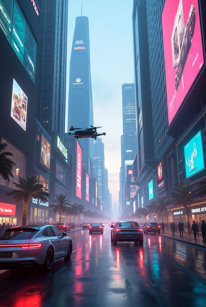 Cinematic, photorealistic, high budget sci-fi movie. An FPV drone captures the sleek futuristic skyline, sweeping across dazzling skyscrapers. Camera transitions to bustling streets below, where crowds are illuminated by holographic advertisements. Drones and autonomous cars move seamlessly. Energetic, mesmerizing.