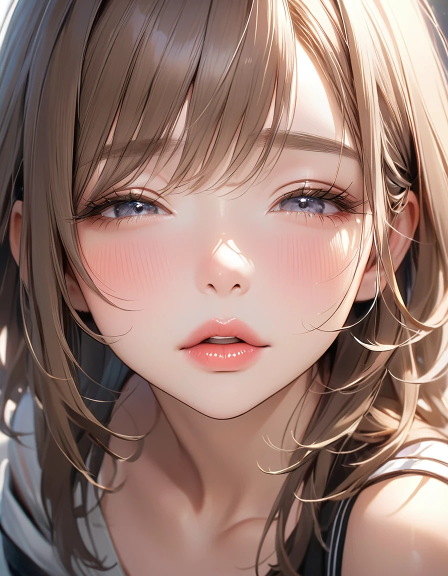 The face of a beautiful girl approaches the viewer, (to kiss), alone, Perfect and attractive face, Mouth trying to kiss, close your eyes, Put your chin forward, Expectations, Shyness, joy, blush, Realistic and attractive nose, Delicate and elegant eyelashes, Fine and thin eyebrows, Natural Makeup, Delicate and perfect brushwork, young and lively々Fresh Skin, break: Showing affection to the audience, Expectations, Shyness, joy, blush, I close my eyes in fear, Put your chin forward, Lips asking for a kiss, Detailed and realistic skin texture, Cute and sexy gestures that will charm you, ((Facing the audience)), View your viewers, Jaw sticking out, Please lower your eyelids, Detailed and engaging, Seduce you, break ((Gently closed eyelids)), The approaching lips, break (close your eyes, Lips asking for a kiss, Approaching Face, Chin forward), (look up:1.3), ((Facing you)), break Face up and look up, Mouth closed for a kiss, (close your eyes:1.3), Expectations, Shyness, joy, blush, Realistic and captivating depictions, First-person view of the viewer, The kiss, (Close-up of face seen from above:1.2).