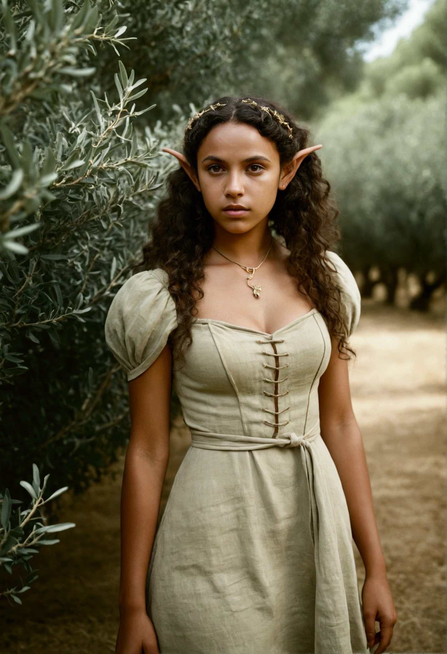 analog film photo, photo of a young elf girl, elf, elf ears, long pointy ears, long dark curls, brown complexion, full hourglass figure, voluptuous, plump round buttocks, wearing a linen mini-dress, posing in an olive grove, resembles Adria Arjona, RAW Photograph, dslr, soft lighting, high quality, film grain, Fujifilm XT3, detailed skin with visible pores, insane details, masterpiece, 8k, 35mm photograph, dslr, kodachrome, faded film, desaturated, grainy, vintage, Lomography, stained, highly detailed, found footage, close-up shot, elven ears