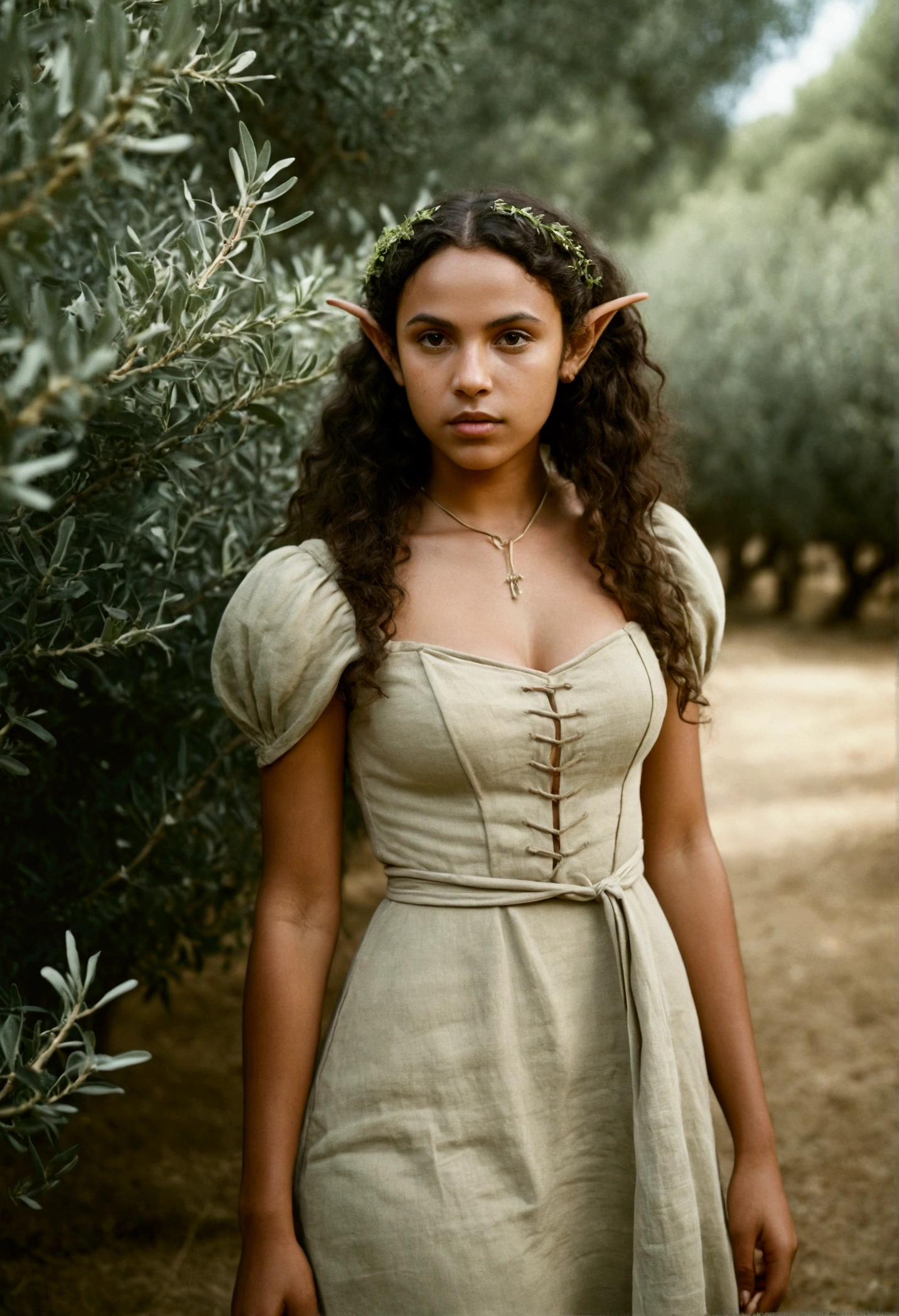 og film photo, photo of a young elf girl, elf, elf ears, long pointy ears, long dark curls, brown complexion, full hourglass figure, voluptuous, plump round buttaring a linen mini-dress, posing in an olive grove, resembles Adria Arjona, RAW Photograph, dslr, soft lighting, high quality, film grain, Fujifilm XT3, detailed skin with visible pores, insane details, masterpiece, 8k, 35mm photograph, dslr, kodachrome, faded film, desaturated, grainy, vintage, Lomography, stained, highly detailed, found footage, close-up shot, elven ears
