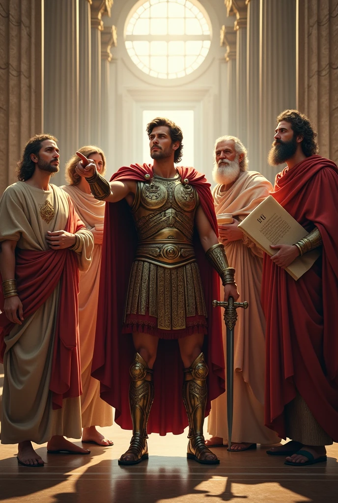 A highly detailed and realistic group portrait featuring some of the greatest figures in human history, captured in a grand, classical style. The central figure, Alexander the Great, stands tall and confident in the middle, clad in ornate ancient Macedonian armor, holding a sword in one hand and pointing forward with the other, symbolizing his leadership and conquests. He should be positioned slightly to the left, gazing forward with determination, his head turned slightly to his right.
To the left of Alexander stands Aristotle, his teacher, dressed in traditional ancient Greek philosopher's , holding a scroll in one hand and a thoughtful expression on his face. Aristotle should be slightly turned towards Alexander, symbolizing their close connection.
To the right of Alexander is Plato, depicted as a wise and aged philosopher with a long beard, also dressed in ancient Greek robesis holding a book in one hand and gesturing with the other as if in deep discourse. Plato's gaze should be directed towards the viewer, with a calm yet authoritative expression.
Further to the left of Aristotle, positioned slightly behind, is Socrates, depicted as an older man with a rugged appearance, wearing simple robes. He lding a cup of hemlock in one hand, referencing his famous death, and looking upwards with a serene expression, symbolizing his philosophical ideals.
Finally, to the right of Plato, and slightly behind him, is Pythagoras, the ancient mathematician and philosopher. He is dressed in simple robes, holding oll with mathematical symbols visible. Pythagoras should be shown in a reflective pose, looking down at the scroll, emphasizing his dedication to knowledge.
The background is a grand hall with tall pillars, adorned with ancient Greek motifs, and soft light filtering through high windows, casting an ethereal glow on the figures. The camera angle is slightly low, enhancing the grandeur of the scene, and the overall color palette is warm and rich, w