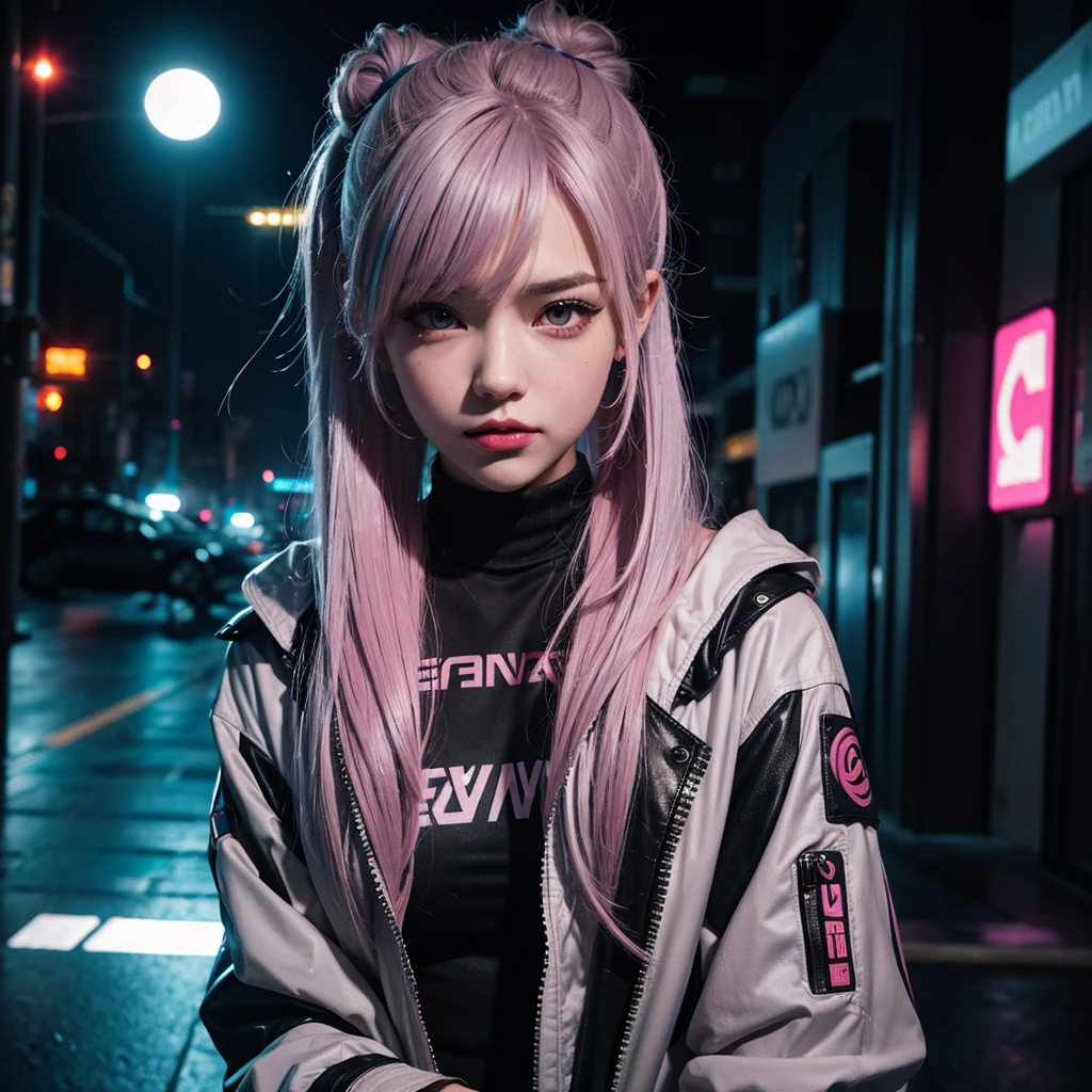 lucy \(cyberpunk\), 1girl, hair scrunchie, hime cut, silver hair, colored tips, full moon, grey eyes, jacket, long sleeves, looking at viewer, medium hair, multicolored hair, parted bangs, parted lips, pink hair, portrait, red eyeliner, red lips, solo, white jacket, cyberpunk \(series\), rainy night in a cyberpunk city with glowing neon lights. 8K HDR, High Resolution.