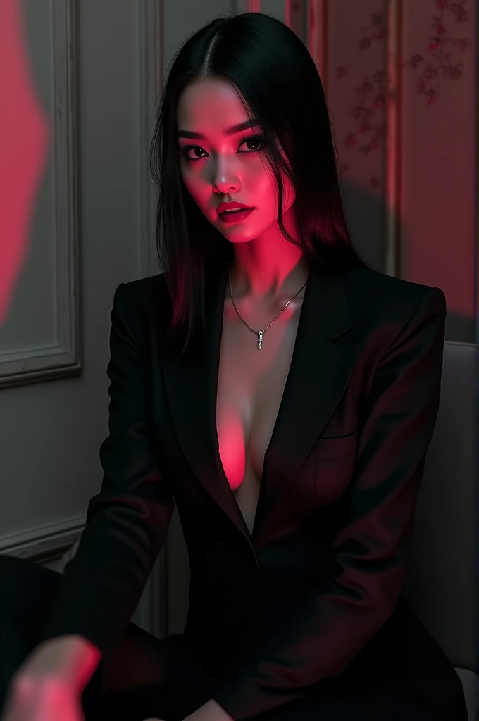 make a villain with black hair, straight, gorgeous, wearing a tight black suit with pink accents, exactly the #FA86C4
