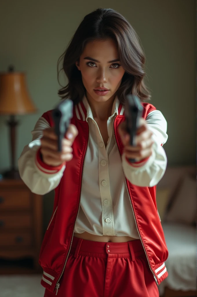 wide depth of focus, living room background, wasteland,, fragments, soft feminine red and white satin bomber jacket,  woman holding 2 pistols held up by face, fighting stance，almost perfect, pure form, intricate details, 8K post-production, high resolution, super detailed, Popular topics on Artstation,, Studio photos, intricate details, Very detailed, both woman and her pistol are in focus