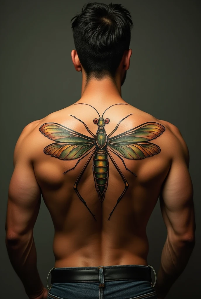 Golden mantis tattoo on the back of a Latino man.
But don't make the tattoo too big.