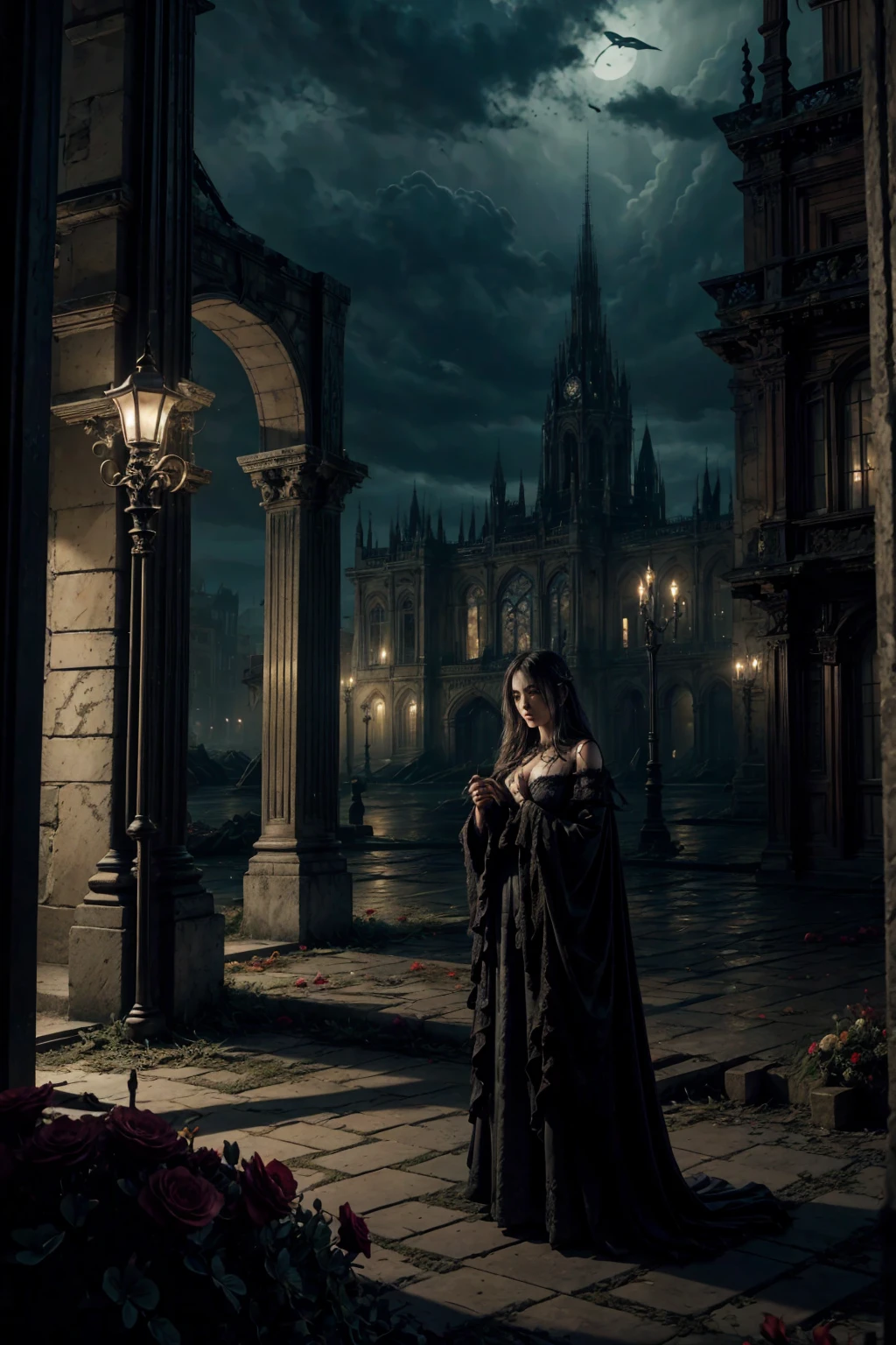 a sinister demonic figure, fallen angel, decadent and immoral, deceptive, in a flower-filled european city, attending a peaceful festival, asian sacrifice victims, dramatic lighting, cinematic composition, masterpiece, (best quality,4k,8k,highres,masterpiece:1.2),ultra-detailed,(realistic,photorealistic,photo-realistic:1.37),dramatic chiaroscuro lighting,dark moody atmosphere,intricate details,vibrant colors,ornate and ornamental,gothic architecture,ominous clouds,glowing eyes,tattered robes,surrounded by offering flowers,devastated cityscape,ruined buildings,dystopian future,concept art