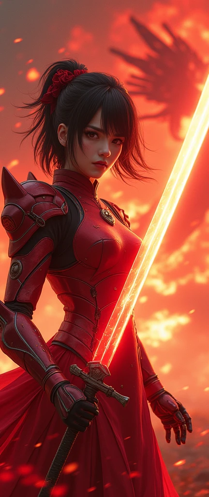 (Facing viewer), (masterpiece:1.2, Highest quality,High resolution,Super detailed),8k,wallpaper,(Very detailed),(Armored Core Style),Woman (Emma Watson) in cheongsam robot armor,Black Hair,Random Hairstyles,(Flame Ninja),(Red body),(Detailed face:1.3),(Detailed body:1.3),(Cowboy Shot:1.6),(The background is a red battlefield with a translucent dragon made of summoned flames.:2.0),Hair blowing in the wind,cyber punk,(dynamic),(Preparing for battle,Wield a giant sword with both hands:1.2,The electronic parts of the armor glow.:1.6),(Detailed hands:1.6),(Flashy special move effects:2.0)