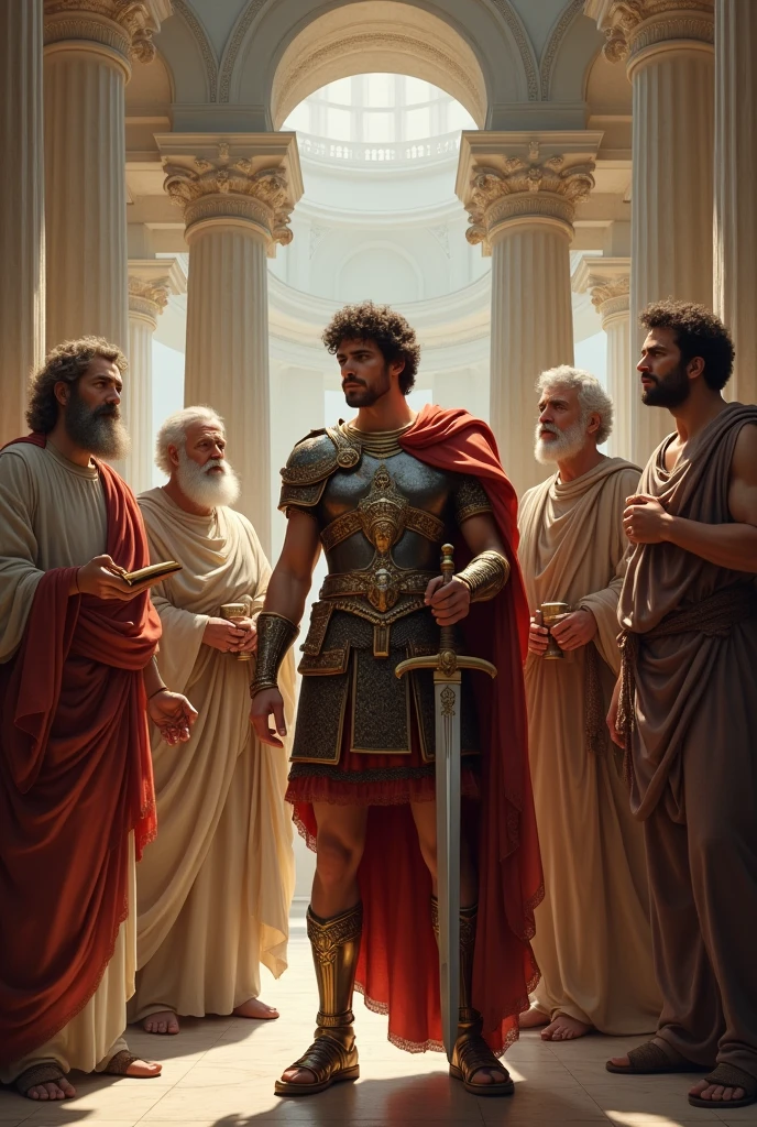 A highly detailed and realistic group portrait featuring some of the greatest figures in human history, captured in a grand, classical style. The central figure, Alexander the Great, stands tall and confident in the middle, clad in ornate ancient Macedonian armor, holding a sword in one hand and pointing forward with the other, symbolizing his leadership and conquests. He should be positioned slightly to the left, gazing forward with determination, his head turned slightly to his right.
To the left of Alexander stands Aristotle, his teacher, dressed in traditional ancient Greek philosopher's robes, holding a scroll in one hand and a thoughtful expression on his face. Aristotle should be slightly turned towards Alexander, symbolizing their close connection.
To the right of Alexander is Plato, depicted as a wise and aged philosopher with a long beard, also dressed in ancient Greek robes. He is holding a book in one hand and gesturing with the other as if in deep discourse. Plato's gaze should be directed towards the viewer, with a calm yet authoritative expression.
Further to the left of Aristotle, positioned slightly behind, is Socrates, depicted as an older man with a rugged appearance, wearing simple robes. He is holding a cup of hemlock in one hand, referencing his famous death, and looking upwards with a serene expression, symbolizing his philosophical ideals.
Finally, to the right of Plato, and slightly behind him, is Pythagoras, the ancient mathematician and philosopher. He is dressed in simple robes, holding a scroll with mathematical symbols visible. Pythagoras should be shown in a reflective pose, looking down at the scroll, emphasizing his dedication to knowledge.
The background is a grand hall with tall pillars, adorned with ancient Greek motifs, and soft light filtering through high windows, casting an ethereal glow on the figures. The camera angle is slightly low, enhancing the grandeur of the scene, and the overall color palette is warm and rich, w
