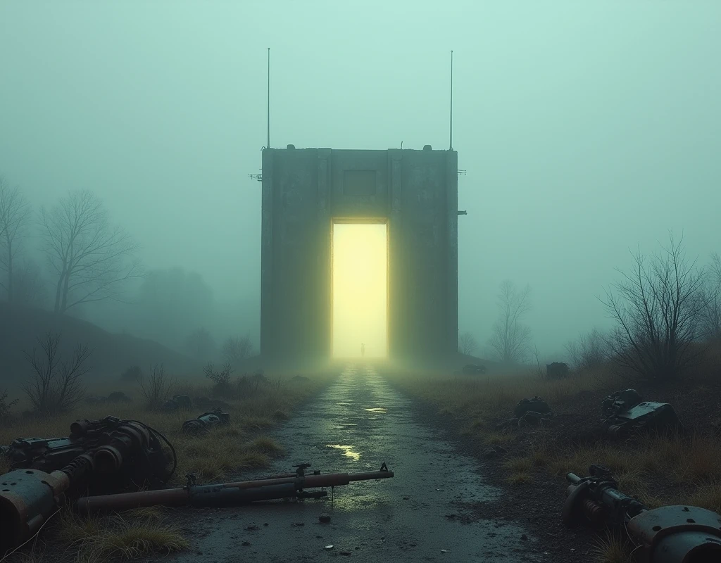 (Highest quality, 8k, masterpiece: 1.3), sf、(Mysterious fog)、Scars of the Battlefield、Wrecked Vehicles、Abandoned Weapons、Rusty rifle、(The otherworldly transfer gate of hyperscience, the center is glowing)、Wide angle、Overlooking、