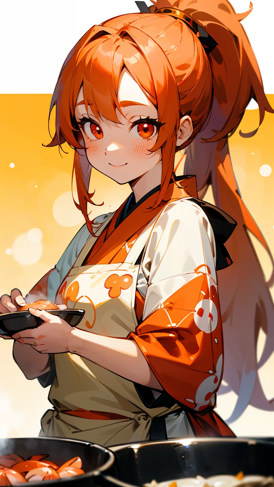 1 person、anime絵画、Cute shrimp woman cooking delicious food in the kitchen、(Bokeh) (Highest quality) (Detailed skin:1.3) (Intricate details) (anime)、Orange Hair、ponytail、Beautiful red eyes、Ukiuki、smile、From the side、Upper body close-up、fun、Ethnic patterned apron