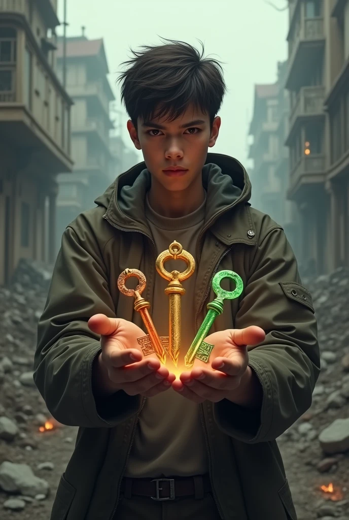Make me a young man from the year 2045 with three keys, one of copper, another of green jade, and another of crystal, with a world scarred by war behind him.