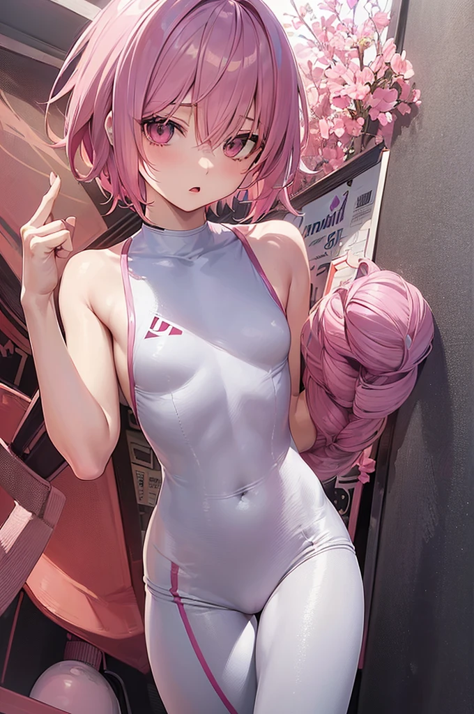 masterpiece, best quality,anime style, 1 girl,(((slender body))), (((small eyes,small breast))),(((athlete suit))), (beautiful face), (((short hair))), (((straight hair))), ((((pink hair)))),detailed beautiful skin, (perfect hands, perfect anatomy),scream