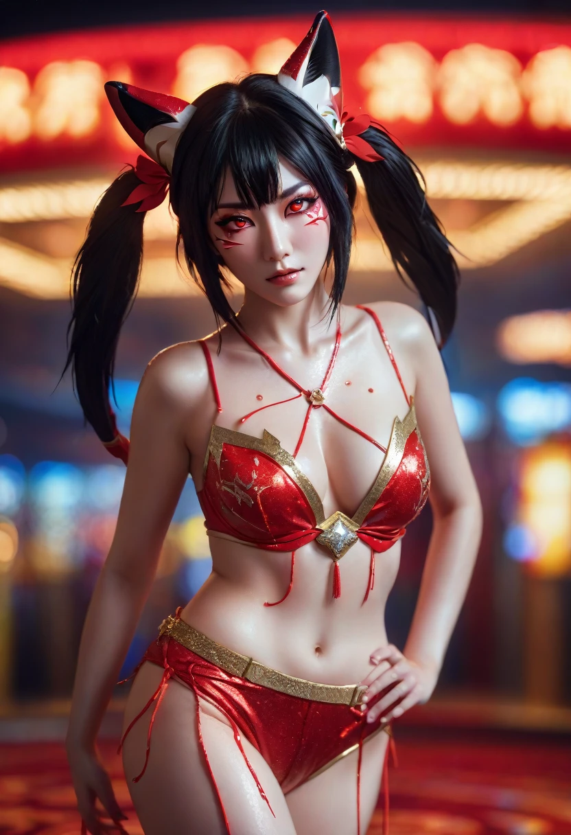 sparkle \(honkai: star rail\), 1girl, twintails, black hair, medium breasts, red eyes, red eyeshadow, fox mask, (standing:1.5), (wetting herself:1.5), best quality, ultra-detailed, HDR, studio lighting, professional, vivid colors, sharp focus, bokeh, landscape, casino, neon lights, soft lighting, dynamic shadows, (embarrassed:1.25), (humiliation:1.25), (blushing:1.25), (naughty face:1.25), (seductive expression:1.25), facing viewer, (hands on hips:1.5), ((realistic,photorealistic))