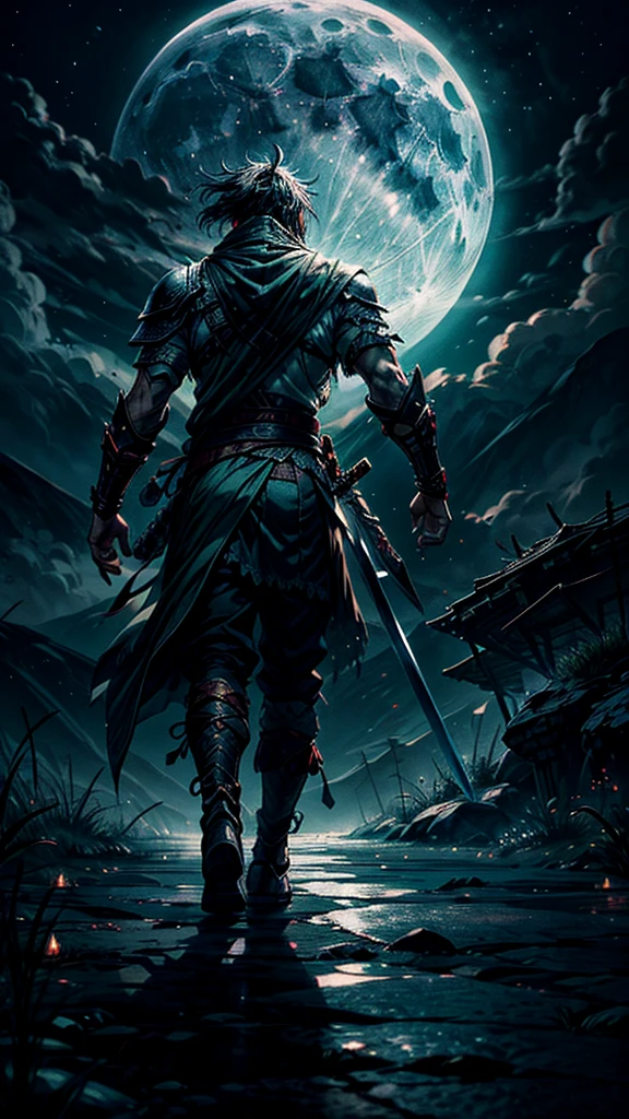 In green color islamic muscular warrior backside full body cover islamic clothes in full moon night 8k quality fantasy illustration in a dark night fantasy illustration with aura nightview 
Here’s the revised prompt including the Zulfiqar sword:

"A highly detailed illustration of an Islamic warrior walking firmly into the distance, facing away from the audience under a full moon night. The warrior is adorned in traditional Islamic attire, including a cloak on his head and a long chadar flowing behind him. He carries the iconic ((Zulfiqar sword,)) which has a split tip, strapped to his back. The scene is set in a vast desert under the dark sky, with rolling white clouds and thick smoke drifting into the air. Eagles soar above as the moonlight casts noticeable shadows and light effects. The image has a vivid color scheme with a focus on dark, deep tones, enhanced by light particle effects. The overall style is akin to an ink painting with clear layers, depth of field, and ray tracing, emphasizing the nocturnal atmosphere. This 8k quality image is suitable for a wallpaper, capturing the mysterious journey through a moonlit landscape."