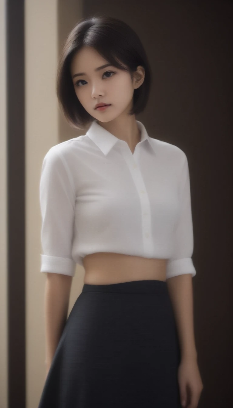 8k, Ultra-high resolution, Highest quality, masterpiece, Rule of thirds photograph,surreal, photograph, 1 Girl, (:1.3), pretty girl, Cute Face, Beautiful eyes in every detail, Detailed,masterpiece,One Girl:1.2,Japanese female announcer,upper body,annoyed,Black short hair,Messy hair,White collared shirt,Pencil Skirt, Look forward, Standing posture, Opposition, Dynamic Lighting,Hotel room、 Sharp contours, Light from above, Low contrast, (Side view),Perfect and beautiful face ,Perfect and cute face, Skin with attention to detail, Perfect limbs、Narrow waist,Looking at the audience,(((Ideal body type))),A cup small breasts :2,Portraiture:2,Perfect Anatomy,Vividly detailed,detailed,surreal,Light and shadow,darkness
